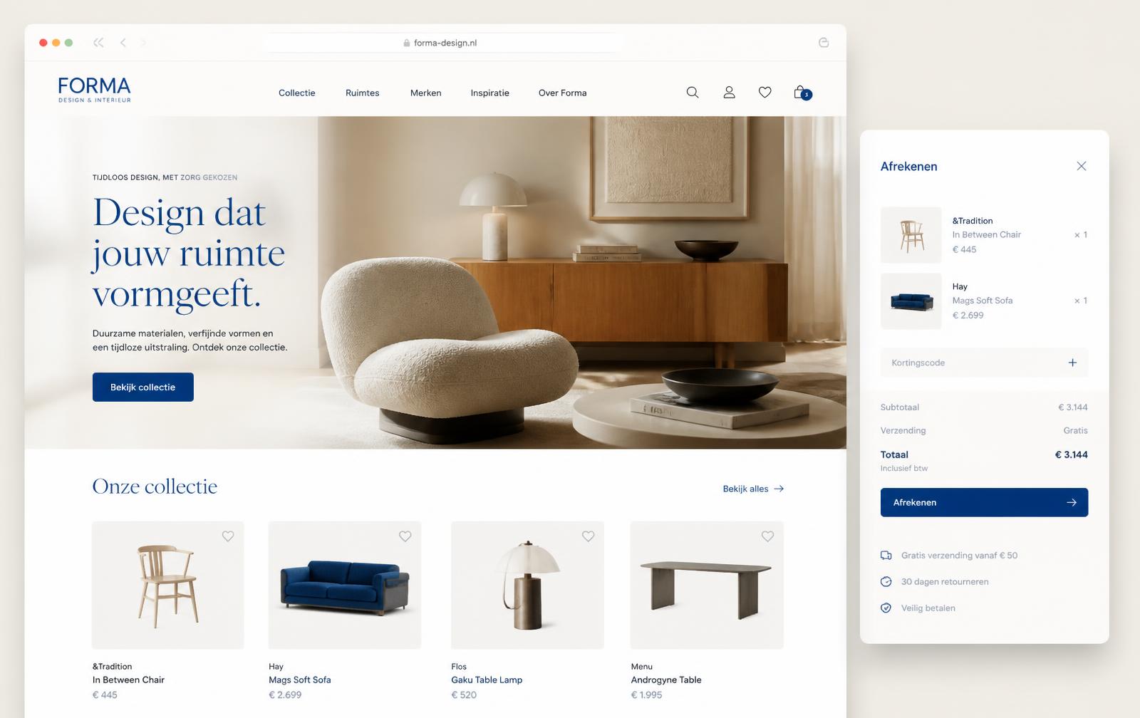 Forma webshop met editorial homepage, productgrid en zijpaneel-checkout
