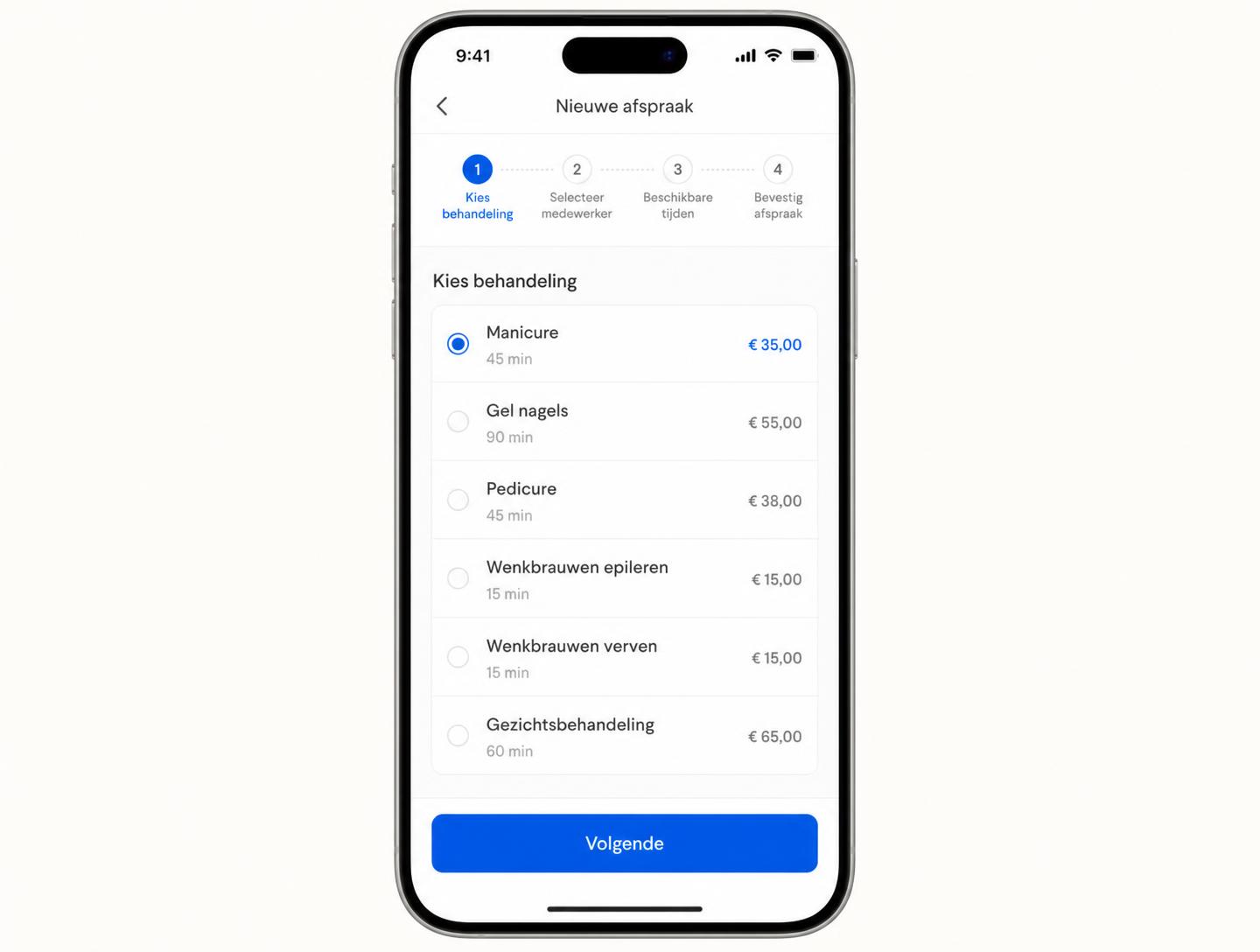 Booked boekingsapp waarin een klant een behandeling en tijdslot kiest