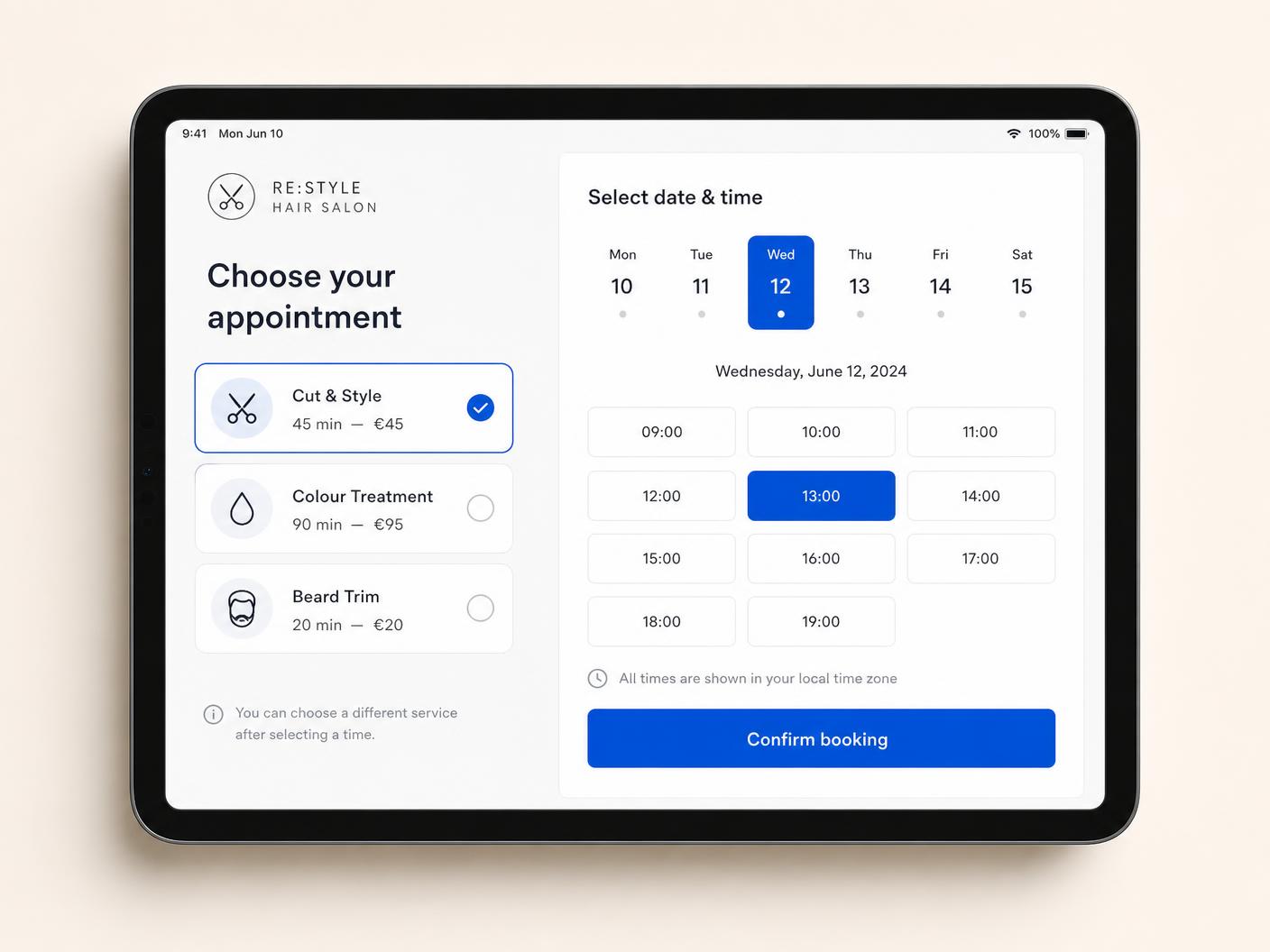 Booked boekingsapp waarin een klant een behandeling en tijdslot kiest
