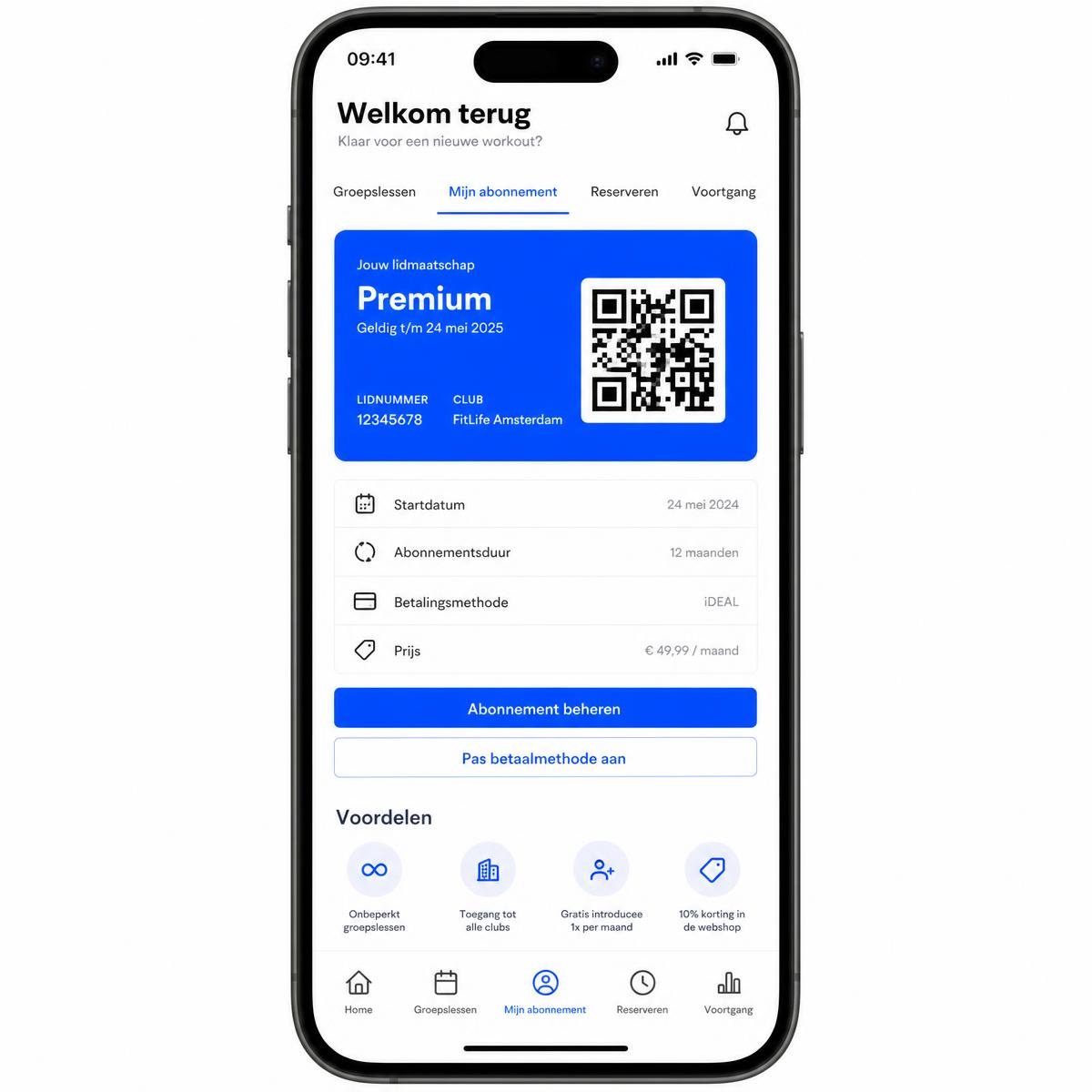 Clubly fitness-app met digitale lidmaatschapskaart en groepslessen