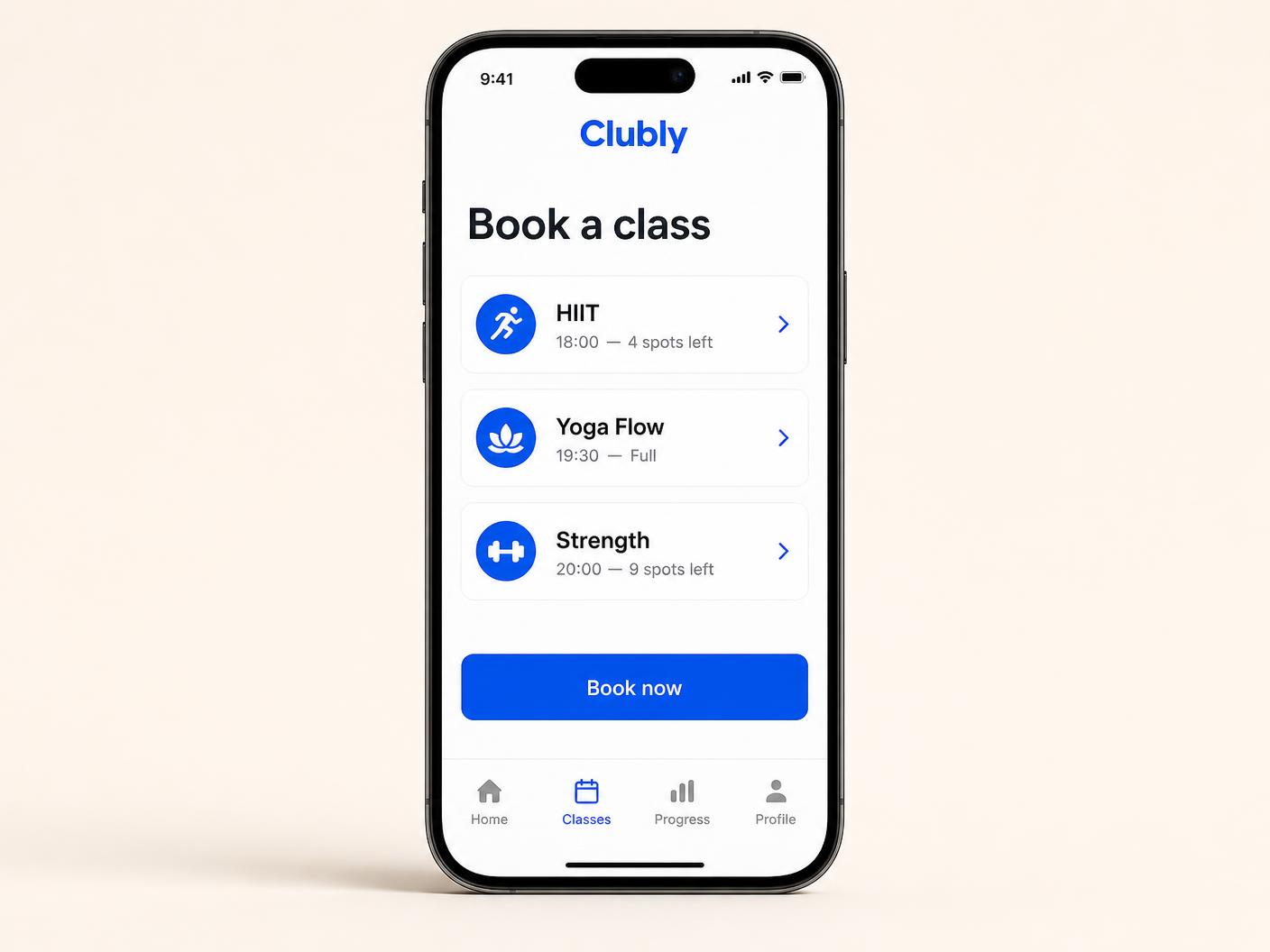 Clubly fitness-app met digitale lidmaatschapskaart en groepslessen