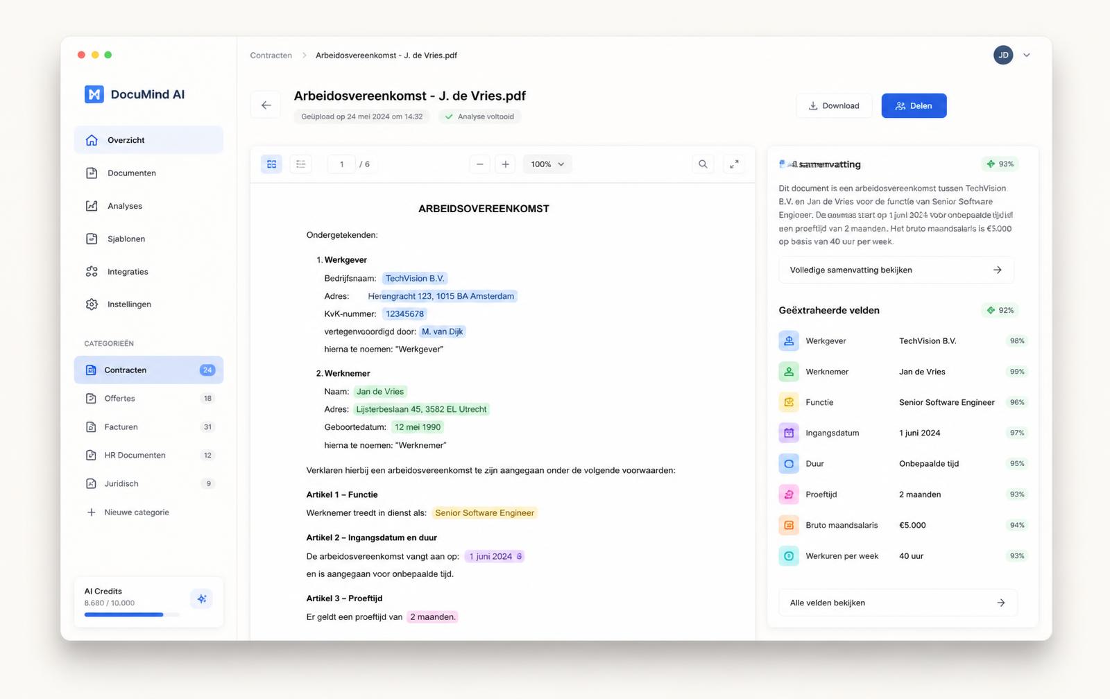 Cortex AI-documentanalyse met geëxtraheerde velden en samenvatting