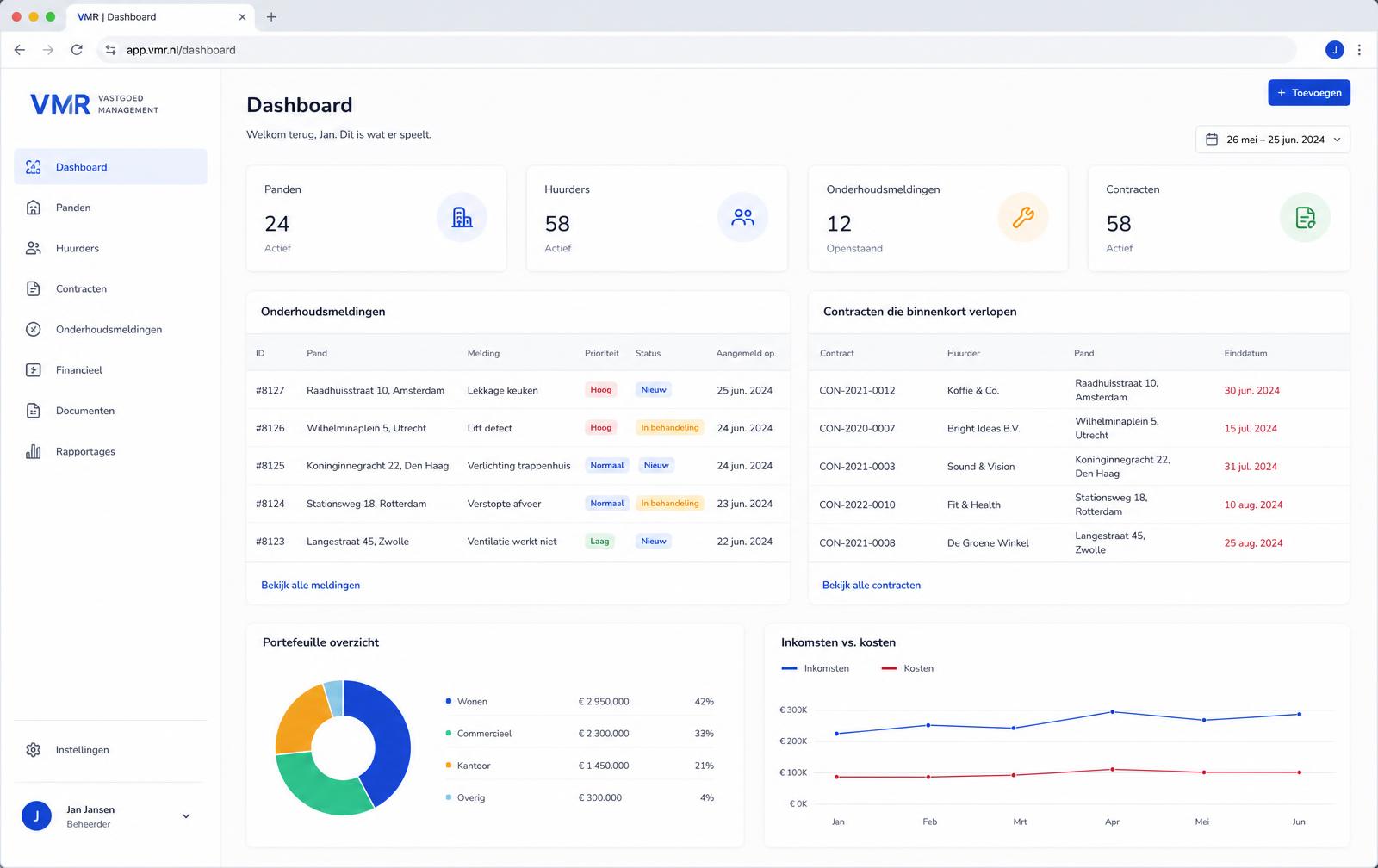 Keystone vastgoeddashboard met panden, huurders en onderhoudsmeldingen