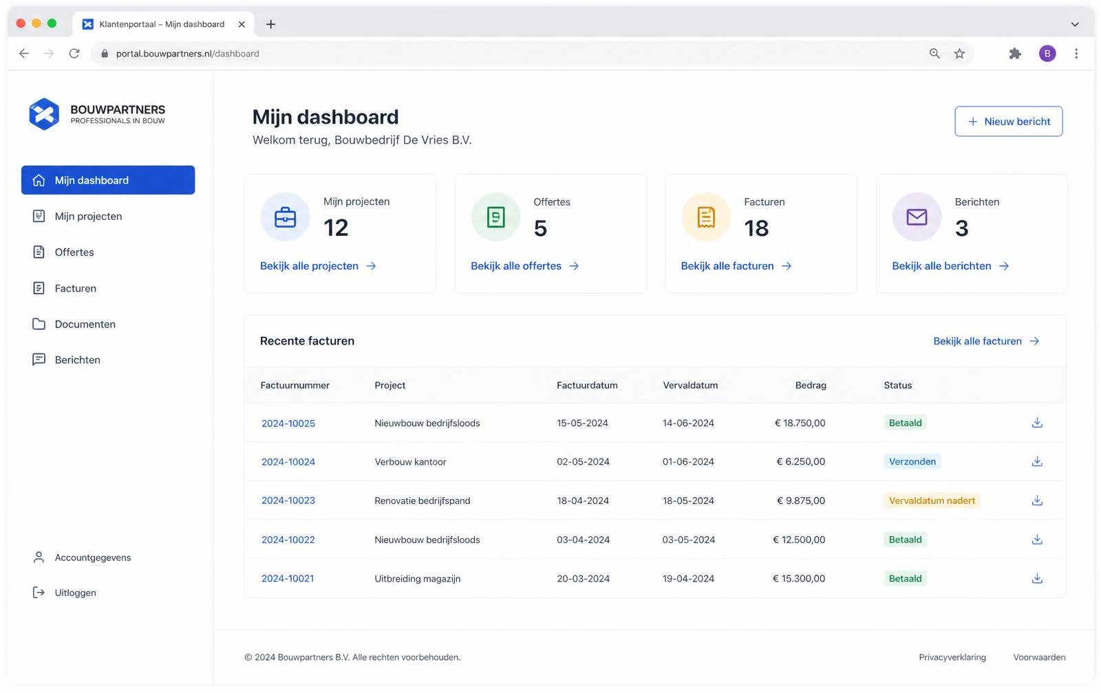 Portal klantomgeving met projecten, offertes en facturen