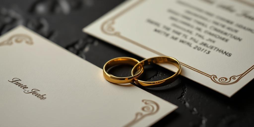Golden wedding rings next to an elegant invitation