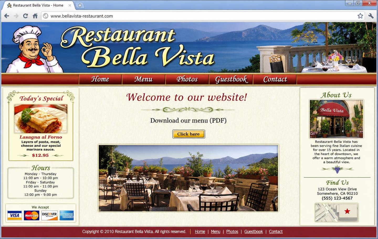 Verouderde restaurantwebsite met kleine tekst en drukke opmaak